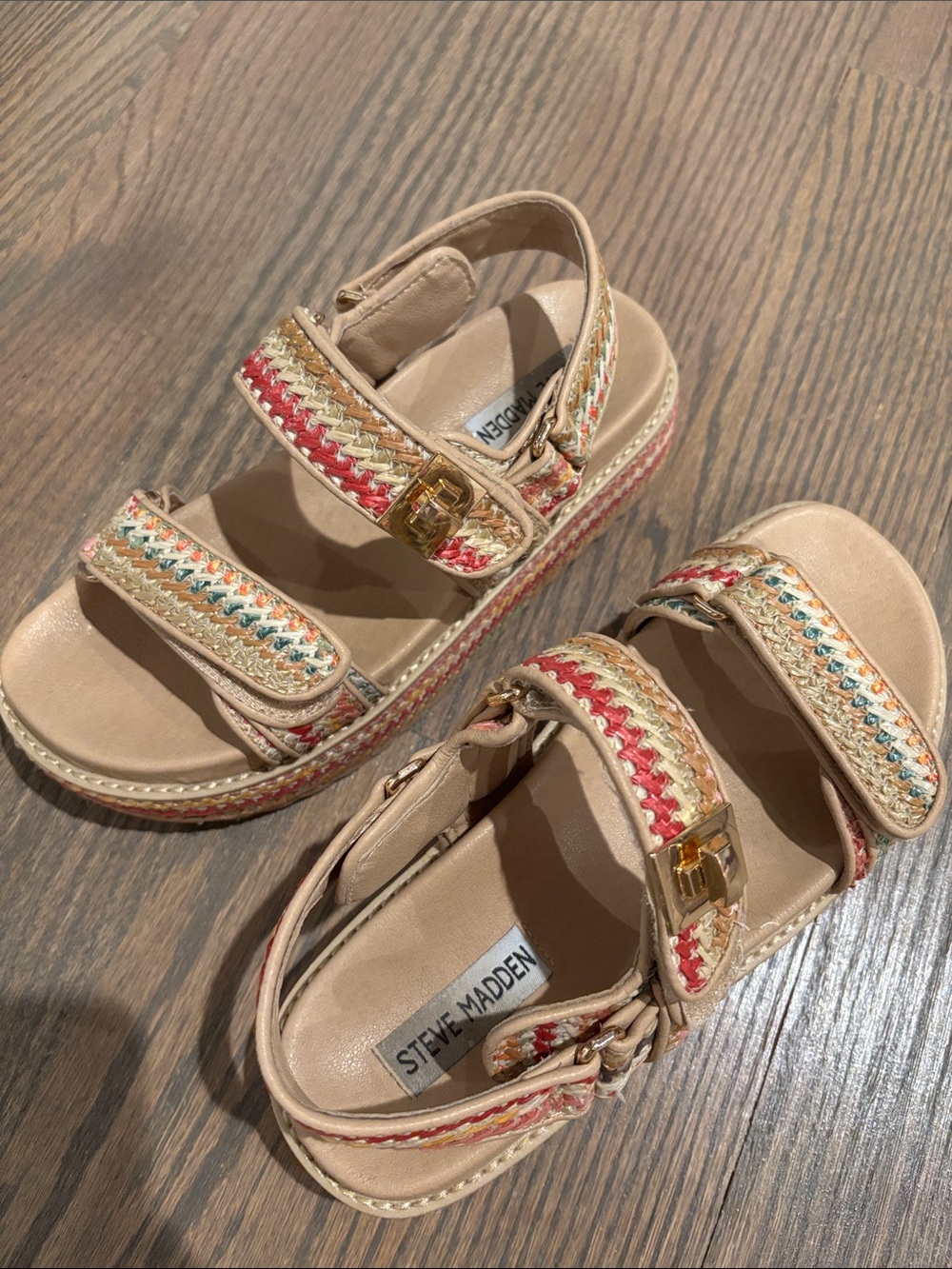 Steve Madden Kids Beige Braided-Strap Sandals with Pink & Blue Accents